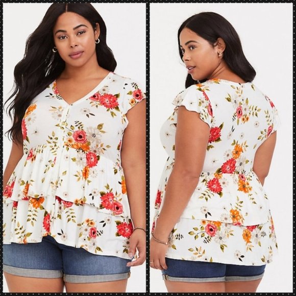 torrid Tops - TORRID Ivory Floral Button Front Babydoll Top